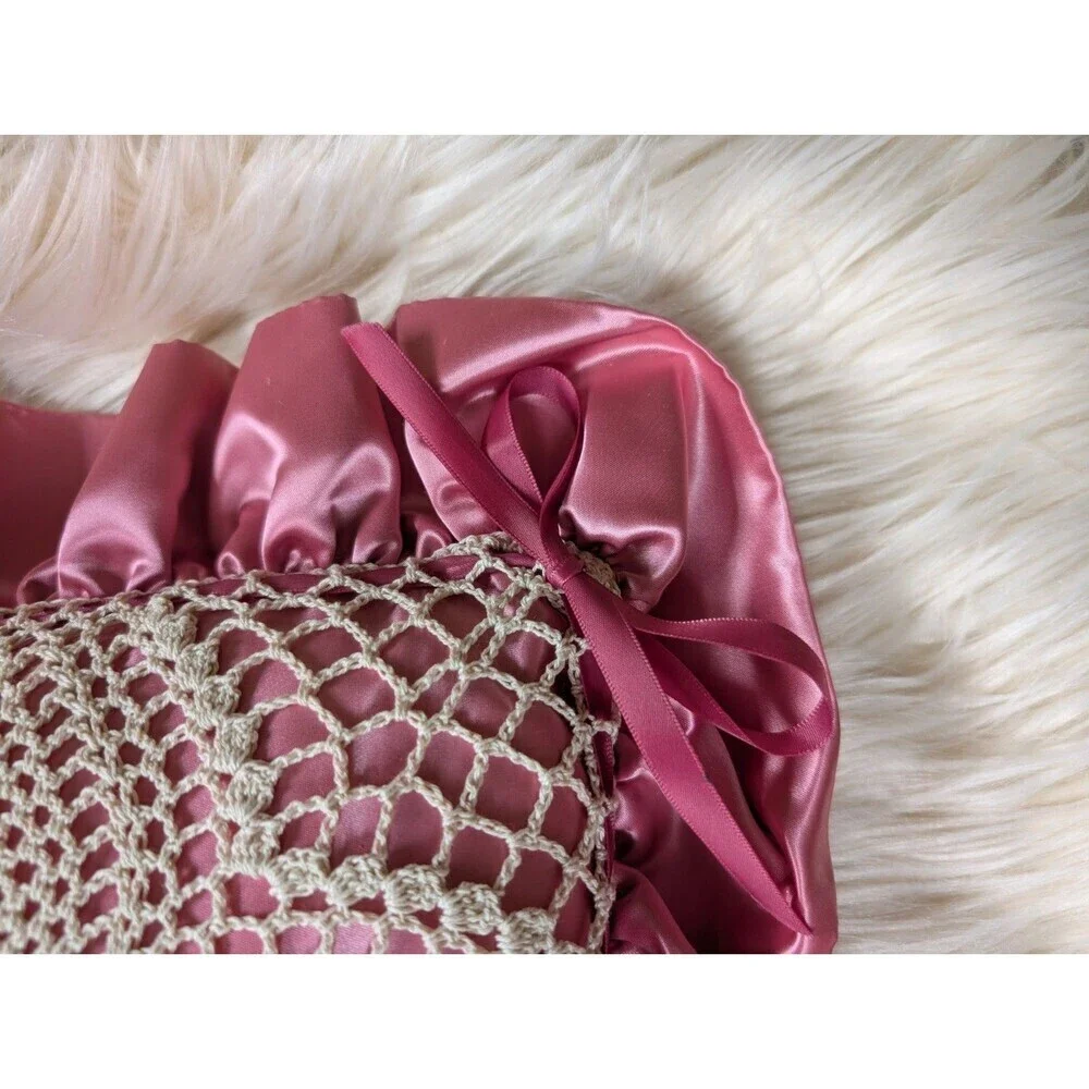 Vintage Crochet Lace Satin Ruffle Bows Throw Pillow Girl's Bedroom Decor Dainty